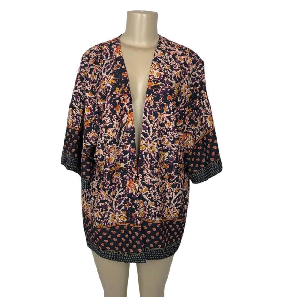 Liz Claiborne Boho 70s Kimono Cardigan Shawl S/M Paisley Print Open Front Top